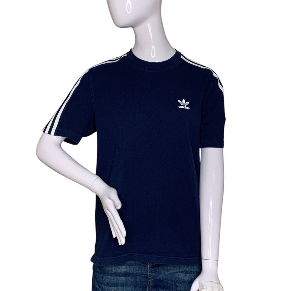 Adidas Unisex Original Blue Three Stripes White Tee Short Sleeve Size S
